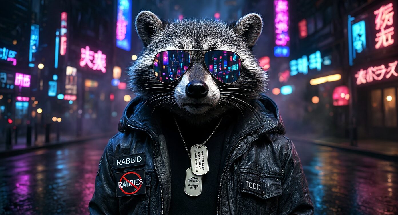Rabbid: a raccoon in aviator sunglasses and a leather jacket on a neon-lit city street at night